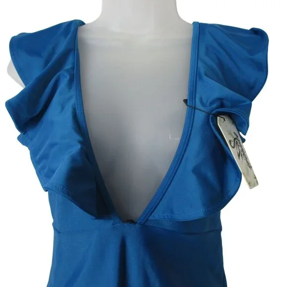 SPORLIKE Women One Piece Swimsuit V-Neck Ruffle Bathing Suit Blue Coastal Flirty - Picture 2 of 7